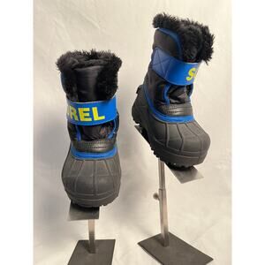 Sorel Winter Boots Youth Size 7 Black Blue Faux Fur Lined